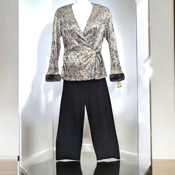 Patra Metallic Jacquard Lace Wrap Top & Velvet Pant Suit Size 14 Formal Evening - Picture 1 of 13